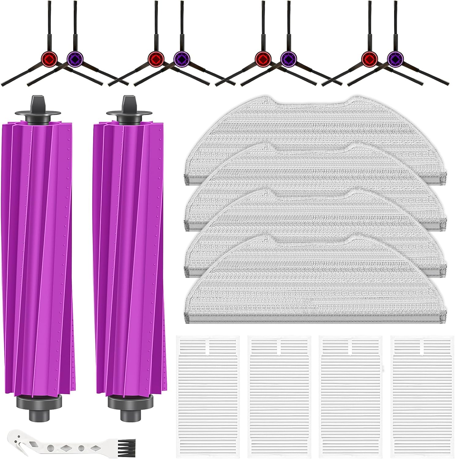 19 Pack Ersatzteile für E20 Plus Roboterstaubsauger, 2 Gummibürsten, 8 Kantenbürsten, 4 HEPA-Filter, 4 Wischpads, 1 Reinigungsbürste Zubehörset